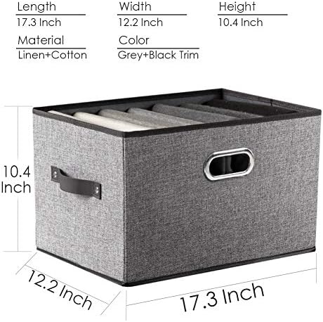PRANDOM Larger Collapsible Storage Bins for Closet [5-pack] Decorative Linen Fabric Storage Baskets Cubes with Leather/Metal Handles for Living Room Grey (17.3x12.2x10.4 Inch) - Image 5
