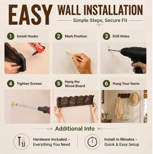 Leinuosen 2 Pack Rustic Coat Rack Wall Mounted, 18.9 Inch Wood Entryway Organizer with 3 Hooks, Brown Scalloped Edge Farmhouse Hanging Rack for Jackets, Hats, Bags and Towels - Image 6