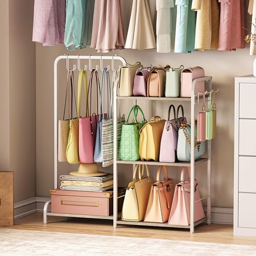 Purse Organizer for Closet, Large Capacity Purse Rack with 2 Purse Hangers and 5 Purse Hooks for Bag Organizer, Freestanding 3-Tier Handbag Organizer for Purse Storage, Ironwood Purse Holder, White - Image 2
