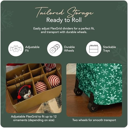 Covermates Keepsakes Rolling Adjustable Ornament Storage Bag – Heavy-Duty Polyester, FlexGrid Trays & Padded Dividers – Protective Holiday Organizer with Wheels, Handles & ID Window, Green Snowflake - Image 5