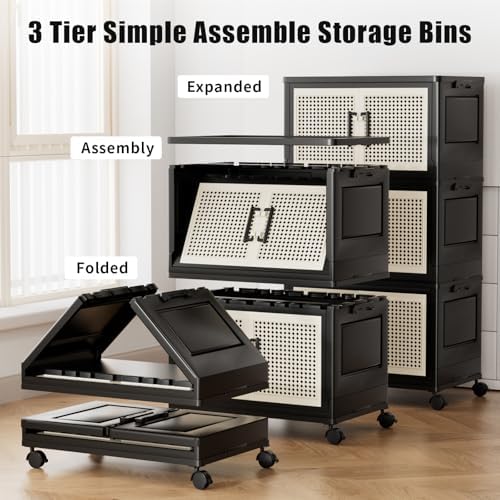 Storage Bins with Lids, Stackable Storage Containers with Lids, Collapsible Plastic Bins, Closet Organizers and Storage with Wheels and Magnetic Door for Home Office Dorm (3 Pack) - Image 2