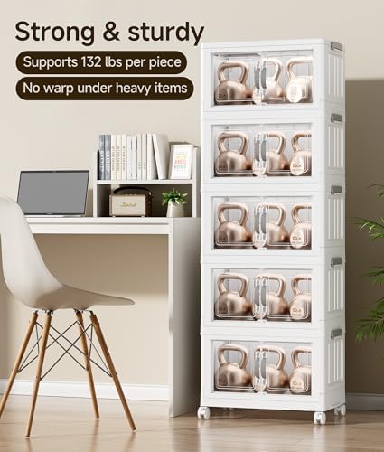 Hanyi 175 QT Stackable Storage Bins with Lids, 5 Tier Collapsible Plastic Storage Cabinet with Magnetic Doors, Removable Top Lid, Locking Wheels, Closet Organizer for Bedroom, Pantry, Office - Image 4