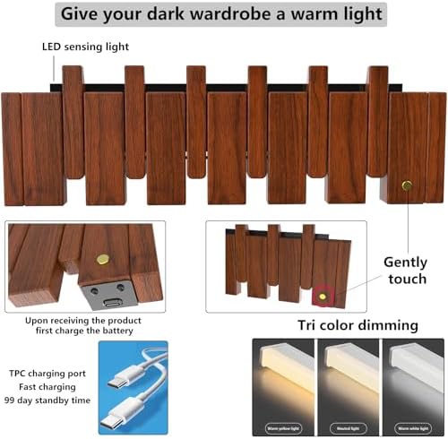 Paint Wood Wall Mounted Coat RackHooks Piano Key Hangers Natural Solid Wood Hanger Non-Woven Fabric Clothes Hangers for Closet, Kitchen, Bedroom, Bathroom, Entryway（LED+Walnut 8 Hooks） - Image 2