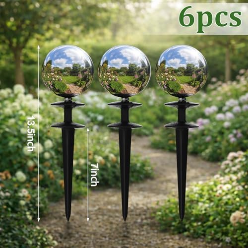 Tandefio 6 Pcs Garden Hose Guide Spike 13.5'' Decorative Ball, Silver - Image 2