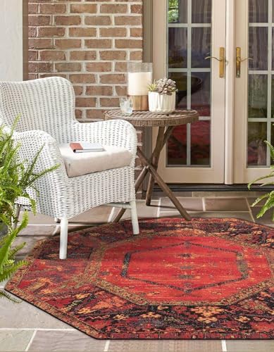 Unique Loom Outdoor Tribal Collection Area Rug - Quepos (4' 1" Octagon Multi/Black) - Image 4