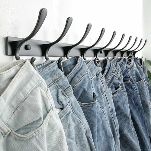 SKOLOO Coat Rack Wall Mounted - 10 Hooks, Pack of 2, Heavy Duty, Stainless Steel, Metal Wall Hanger, Sturdy Coat Hooks for Hanging Coats, Jacket, Clothes, Hat, Black - Image 3