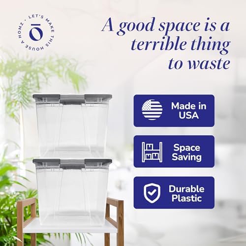 HOMZ 4-Pack Secure Latch, Clear Plastic Storage Organizer Bins, 64 Quart, Gray Lid - Stackable Container Boxes for Bedroom, Bathroom, Garage, and Office Organization - Image 6