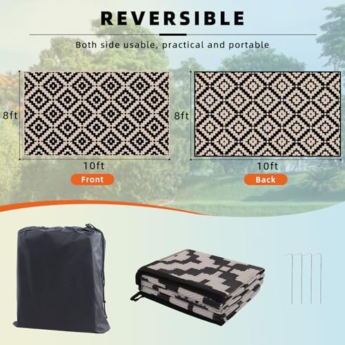 Favoyard Outdoor Rug Black & Beige 8x10 ft Waterproof Reversible Carpet Mat - Image 2