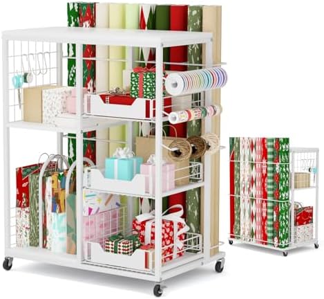 LUCKUP Rolling Wrapping Paper Organizer Cart – Gift Wrap Storage with Wheels, 20 Roll Holders, 3 Drawers & Ribbon Dispenser, Craft Organizer for Christmas, Birthdays, White by LUCKUP