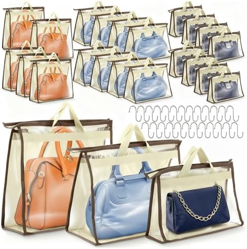Chumia 24 Pack Dust Bags for Handbags with 25 Stainless Steel S Shape Hooks, 3 Assorted Sizes Dust Cover Bags Damp Proof Purse Storage Handbags with Zippers and Handles for Closet Hanging by Chumia