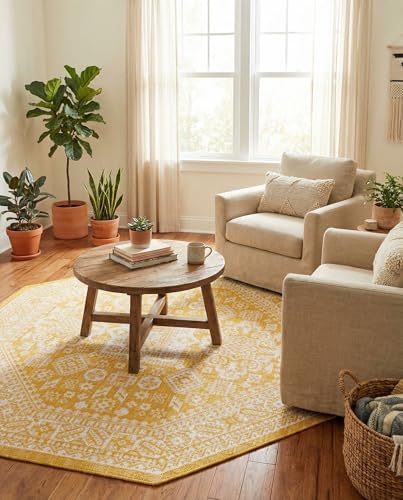 Rugs.com - Outdoor Aztec Rug – 5 Ft Octagon Yellow Indoor/Outdoor Rug – Washable, Stain-Resistant Flatweave for Patios, Decks, and Porches - Image 4