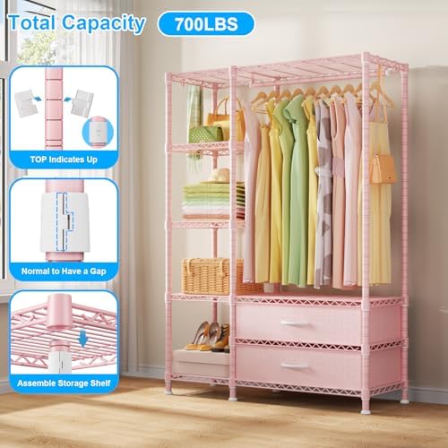 Ulif F3 Heavy Duty Clothes Rack（With Fabric Drawers）Freestanding Clothing Racks for Hanging Clothes，Adjustable Closet Organizer System，Portable Garment Rack 40" W x 15" D x 72" H，Max Load 700LBS，Pink - Image 5