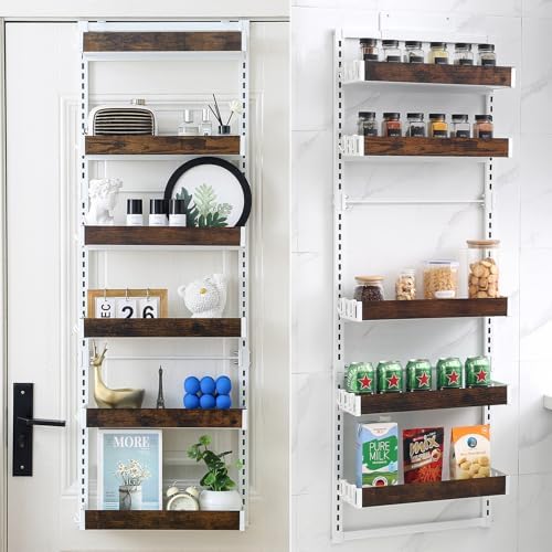 Over-The-Door Organizer – 6-Tier Wooden Pantry Storage Shelf with 12 Hooks, Wall-Mount or Hanging Spice Rack for Kitchen, Bathroom, or Closet by Unknown
