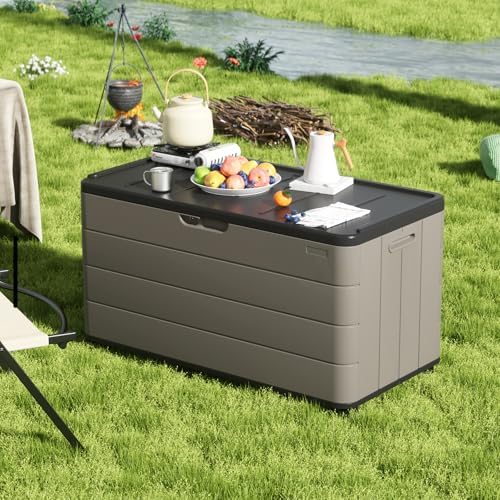 ZZM 110 Gallon Outdoor Deck Box with Wheels, Waterproof Resin Storage Cabinet for Patio Cushion and Tools, Lockable Storage Box, Coffee - Image 3