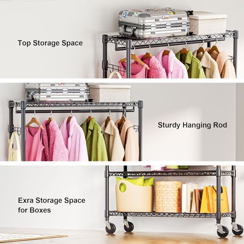 M MZG Heavy Duty Rolling Garment Rack 3 Tiers Adjustable Wire Shelving Clothes Rack with 1 Rods and Side Hooks,Storage Closet Clothing Rack with Wheels Black 15.7" D x 45.3" W x 75.6" H - Image 4
