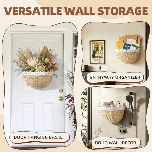 XSZ Scalloped Wall Baskets - 2 Pcs Woven Boho Wall Decor, Front Door Baskets Hanging Storage for Entryway, Living Room & Kitchen, Sturdy Steel Frame Wall Organizer for Home (16" & 14") - Image 6