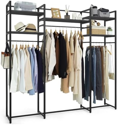 CAPHAUS 913lbs Capacity Garment Rack for Hanging Clothes, Heavy Duty Open Wardrobe w/Hanging Rods, Free Standing Closet Organizer, Clothing Rack, Metal Closet w/Wooden Boards, Black Vintage Board by CAPHAUS