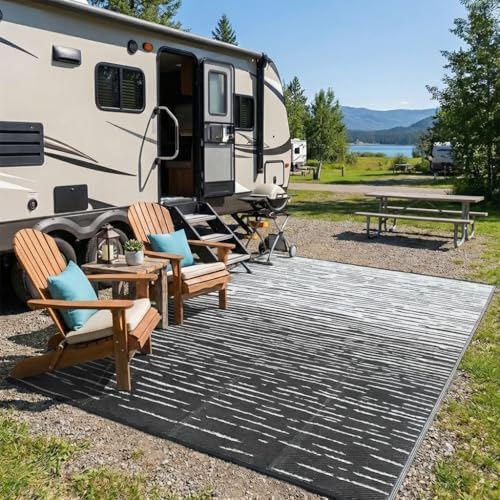 Garvee Waterproof Outdoor Rug 8x10 Neutral Striped Plastic Straw Rug, Grey - Image 2