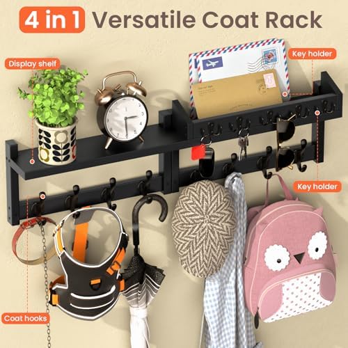 35'' Long Black Coat Rack Wall Mount with Shelf, Solid Wood Coat and Key Hanger with 13 Metal Hooks, Farmhouse Wall Organizer for Mail, Entryway Wall Hangers for Hats, Clothes, Backpacks - Image 5