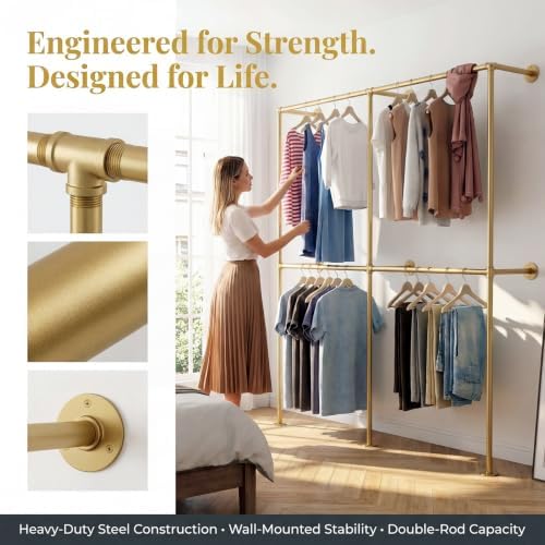 Gold Pipe Clothing Racks Wall Mount Gold Clothes Rack, Heavy Duty Industrial Pipe Clothes Racks Retail Display Hanging Rod for Closet Storage, Laundry Room - Image 2