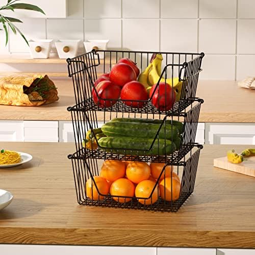 Slideep 14'' Black Stackable Storage Baskets Sturdy Metal Wire Freezer Bins Cabinet Organizer for Pantry Home Kitchen Organization- Set of 6 - Image 5