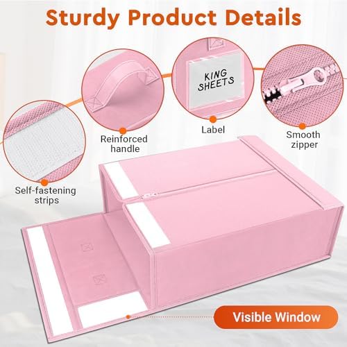 StorageTastic 8 Pack Bed Sheet Closet Organizers and Storage,Sturdy Foldable Storage Containers with Window and Label,Storage and Organization for Bedding Sheets,Duvet Covers,Blankets (Pink) - Image 5