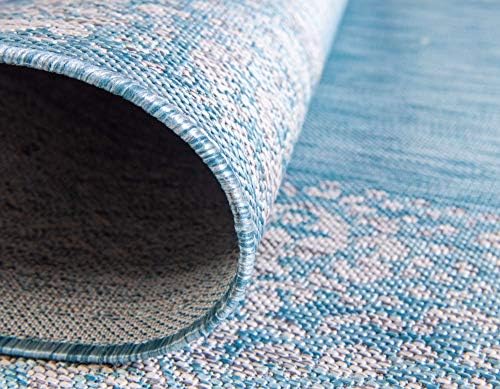 Unique Loom Outdoor Border Collection Transitional Indoor & Outdoor Traditional Floral Border Area Rug (8' 0 x 11' 4 Rectangular, Aqua Blue/ Gray) - Image 6