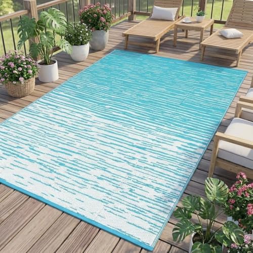 Outdoor Rug 6x9 Waterproof Patio Rugs Abstarct Line Reversible Mat for Front Door Rv Foldable Plastic Straw Carpet for Travel Trailers, Deck, Picnic, Porch, Camper, Balcony, Beach，Light Blue - Image 2