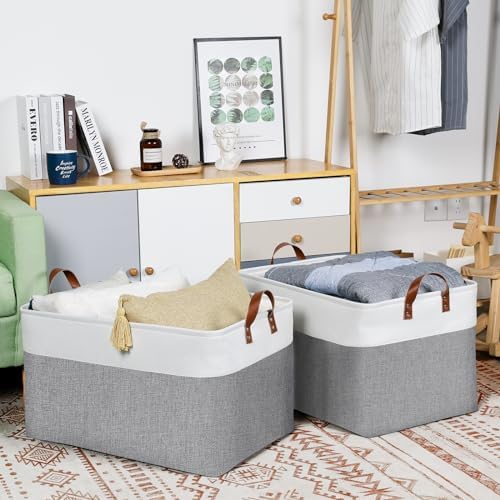 DULLEMELO Extra Large Storage Baskets for Organizing 22"x15"x13" Foldable Fabric Storage Baskets Organizer Bins with Handles Large Storage Basket for Shelves Closet Toys Books (White&Grey) - Image 3