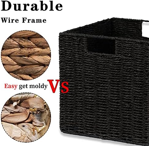 Vagusicc Storage Basket, Set of 2 Hand-Woven Storage Baskets for Organizing with Handles, Foldable Cube Storage Baskets Bins Organizer, 13 inch Large Wicker Baskets for Shelves & Decor, Black - Image 2