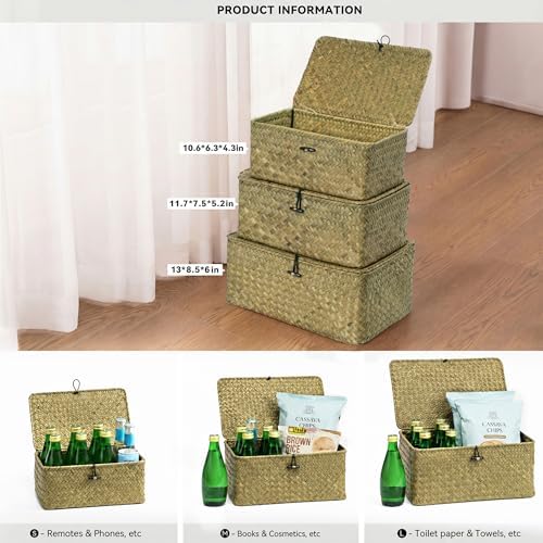 Nonam Seagrass Storage Basket with Lid, Set of 3, Dark Moss Green - Image 2