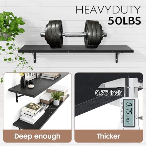 Kaboon 45 inch Long 10 inch Deep Floating Shelves for Wall Set of 2, Large Open Shelves Wall Mounted, Space Saving Home and Commercial Use, Cloud Atlas/Black Marble - Image 6