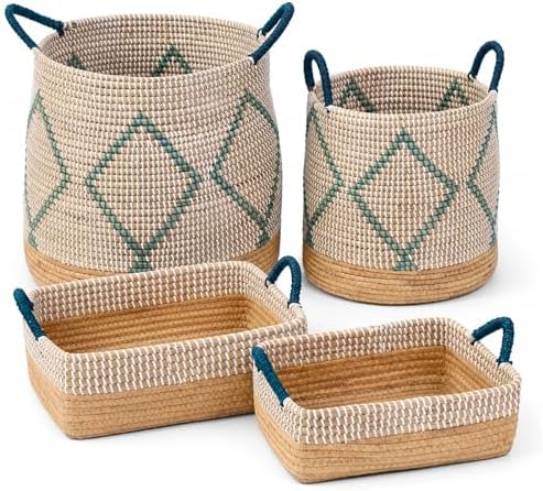 Handmade Seagrass Storage Basket Set - 4 Pack with Built-in Carry Handles, 7.6-49L Capacity, Multi-Size Large Capacity Organizer for Home, Bedroom, Living Room, 96.3L Total by TLINL