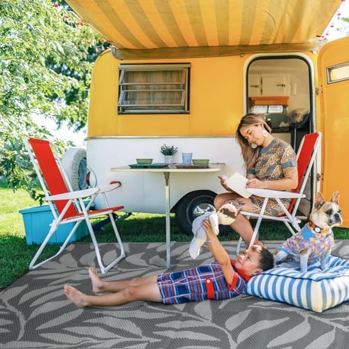 wikiwiki 9x18ft Outdoor Rug, Reversible Plastic Patio Rug Waterproof, Indoor Outdoor Carpet Clearance, Large Area Carpet for Patio Deck Balcony Pool RV Camping Beach Picnic, Grey Big Leaves - Image 7