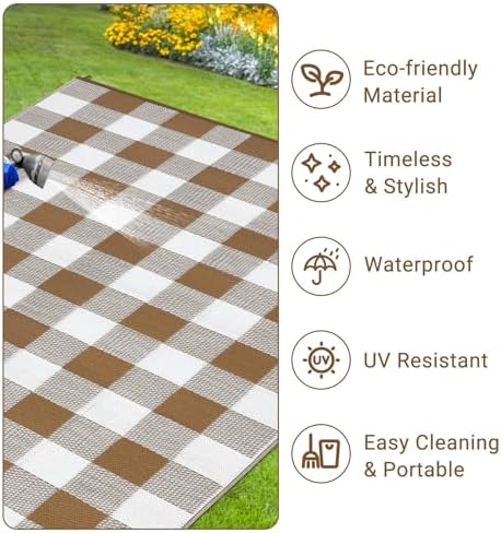 GlowSol 9x18 Outdoor Reversible Rug Waterproof UV Resistant Plastic Straw Rug Modern Outdoor Checkered Rug, Portable Picnic Mat with Stakes, Large Camping Carpet for Backyard, Balcony, Brown - Image 4
