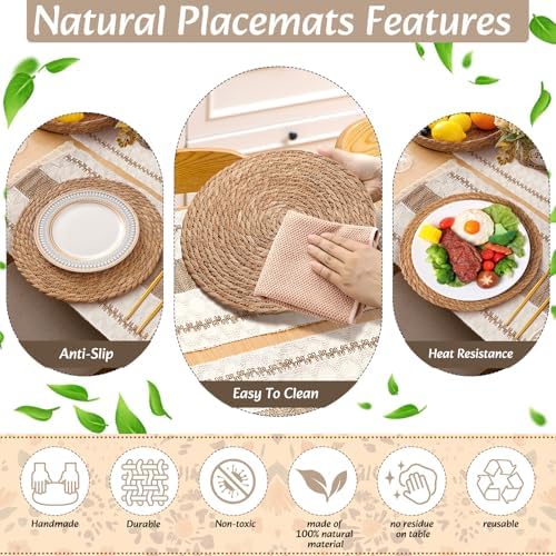 6 Sets Boho Placemat Table Runner Napkin Rings, Brown, 12x72 - Image 6