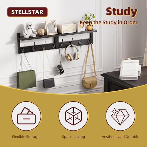 STELLSTAR Coat Rack with Shelf, 2 Pack Bamboo Wall-Mounted Coat Hanger with 8 Hooks for Entryway, Hallway, Kitchen, Bathroom, Living Room, Utility Room (Black) - Image 5