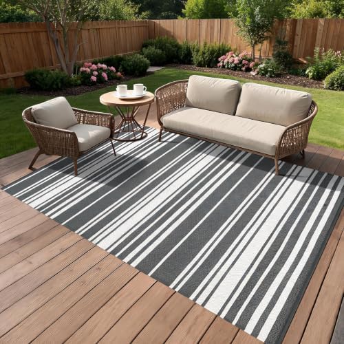 Garvee Geometric Lines 9x12 Outdoor Rug Striped Grey Plastic Straw Rugs - Image 2