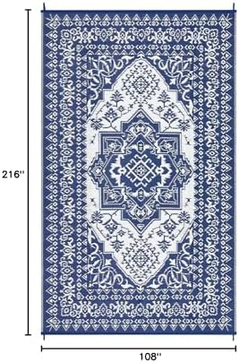 Outdoor Plastic Straw Rug 9x18 Large Washable Floor Mat Medallion Waterproof Rug for Patio Reversible Rug for Outdoors RV Beach Patio Camping Backyard Deck Picnic Camping Outside Dark Blue - Image 2