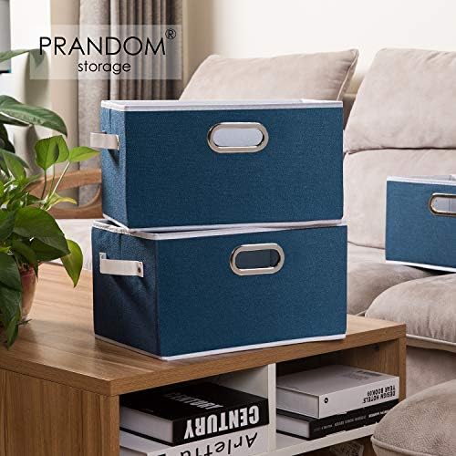 PRANDOM Large Collapsible Storage Baskets for Closet [5-pack] Decorative Fabric Storage Bins Cubes with Leather/Metal Handles for Shelves Bedroom Living Room Royal Blue (14.9x9.8x8.3 Inch) - Image 2