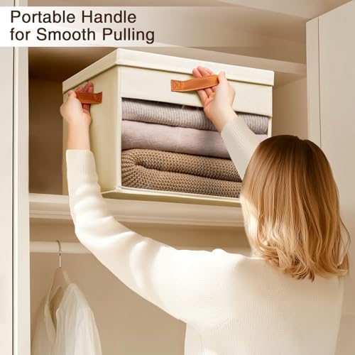 Homsorout Large Storage Bins with Lids - 6 Pack Foldable Decorative Organizers with Clear Windows & Handles, Cube Storage Organizers for Clothes, Blankets, Sweaters, CD, Beige - Image 4