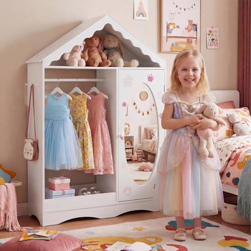 Costzon Kids Dress Up Storage with Mirror, Roofed Wardrobe Closet with Open Hanging Rack, Shelves & Hooks for Children, Kids Armoire & Costume Organizer for Bedroom (White) - Image 7