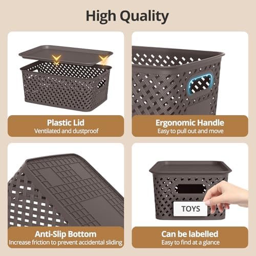 Plastic Storage Bins with Lid, Stackable Small Box Basket for Organizing and Containers for Shelves Drawers Desktop Closet Playroom Pantry Classroom Office Home, 8-pack 10.2x7.2x4.1 Inch, Brown - Image 3