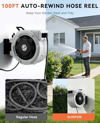 SUNPOW Retractable Garden Hose Reel - 1/2" x 100ft Wall Mounted Hose Reel with 3/4'' Brass Fitting & 10-Pattern Nozzle - Auto Slow Retraction, Any-Length Lock, 180°Swivel for Lawn & Gardening - Image 2