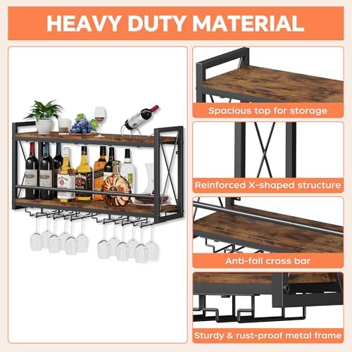 Homeiju Wall Mounted Wine Rack, Bottle & Glass Holder Wood-Metal Retro Wine Rack, Wine Bottles Display Wall Storage for Kitchen Dining Room Home Bar - Image 5