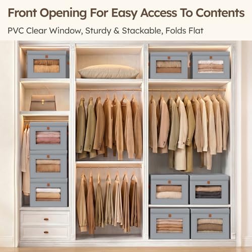 Homsorout Storage Bins with Lids - Front Opening Storage Box with Clear Window & Handles, Stackable Foldable Fabric Bins for Closet Organization, Clothes, Sweaters, Towels, Blankets, 6 Pack, Grey - Image 2