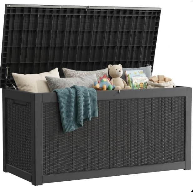 Outdoor Storage Box, 320 Gallon Lockable Resin Deck Box Large Waterproof, Patio Storage Bin for Furniture Cushion, Garden Tools and Pool Accessories, UV-Resistant Bench for Outside, Black by GraceYourYard
