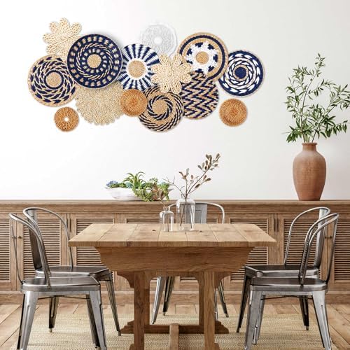 Xuhal 15 Pcs Boho Wall Basket Decor Handcrafted Seagrass Woven Wall Basket Rustic Round Woven Hanging Art for Home Farmhouse Kitchen Table Living Room(Blue Classic Style) - Image 2