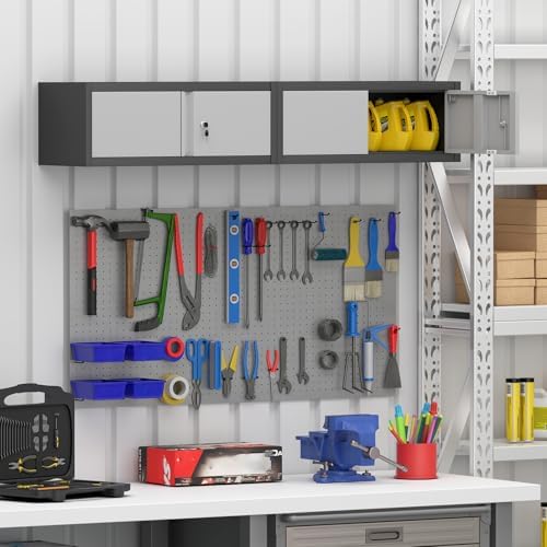 GREATMEET Metal Garage Storage Cabinets, Lockable Storage Cabinet with Doors, Wall Mount Cabinet Storage with Lock, Hanging Floating (Grey, 13" H) - Image 2