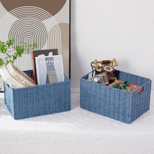 Vagusicc Wicker Storage Basket, Set of 2 Hand-Woven Paper Rope Wicker Basket, Small Storage Baskets for Organizing Toilet Paper Basket, Foldable Large Cube Storage Organizer Bins for Shelves (Blue) - Image 5